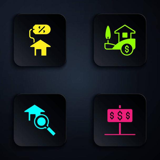 Set House with dollar, percant, Search house and . Black square button. Vector - ベクター画像