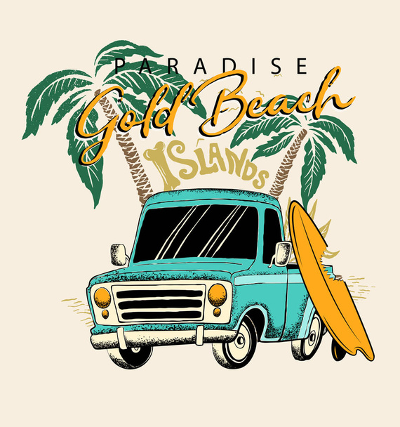 Gold beach .Vector surf car and palm tree illustration - Vector, Imagen