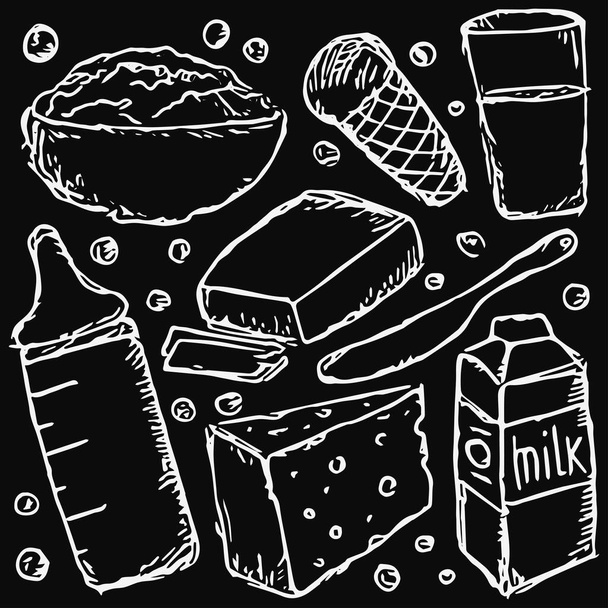 melkproductie. vector doodle illustratie met melkproducten icoon. melkvoeding - Vector, afbeelding