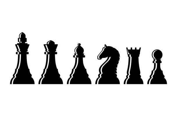 Ikona černé šachové figurky nastavuje vektorovou ilustraci. Černé lesklé šachy kus v řadě ikony izolované na bílém pozadí - Vektor, obrázek