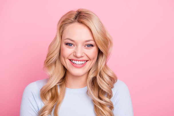 Photo of satisfied glad young girl toothy beaming smile look camera isolated on pink color background. - Valokuva, kuva