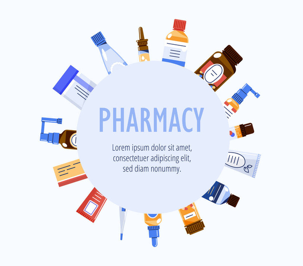 Different medications around circle in packages and bottles, with a dropper or spray.Flat vector illustration isolated on white background.With space for text,design for flyers,commercials and posters - Вектор,изображение
