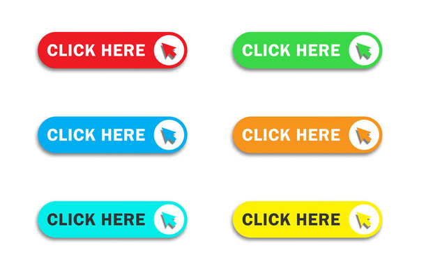 Click here button with arrow pointer clicking icon. Web button. Flat vector illustration - Vektori, kuva