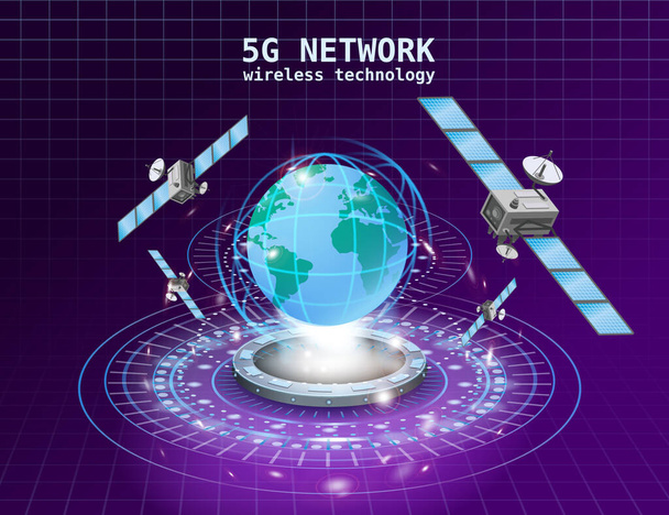 Futuristinen sininen maa, portaali, hologrammi, 5G Network globaali internet-teknologia. Satelliitit, Maa, avaruuslangaton teknologia. Vektorieristetty kuva - Vektori, kuva
