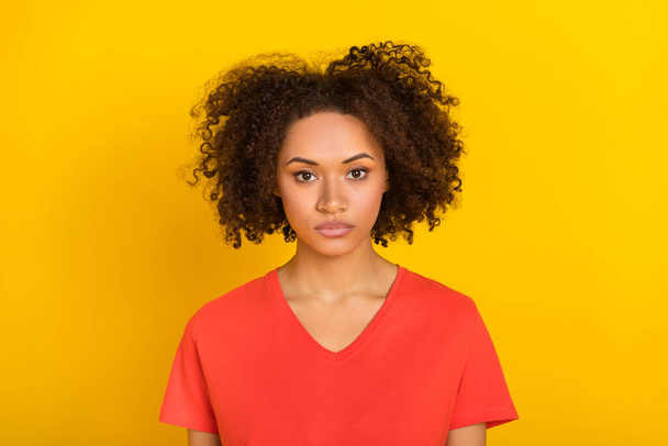 Photo of pretty focused lady look camera isolated on bright yellow color background. - Φωτογραφία, εικόνα