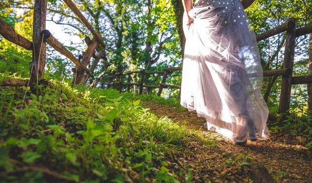 Girl with a beautiful prom dress is walking on a path in the forest. Beautiful Cinderella fairytale. High quality photo - 写真・画像