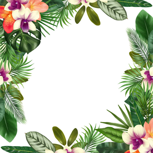 Πρότυπο κάρτα, floral περίγραμμα των πράσινων τροπικών φύλλων και ορχιδέα λουλούδια, εικονογράφηση σε λευκό φόντο - Φωτογραφία, εικόνα