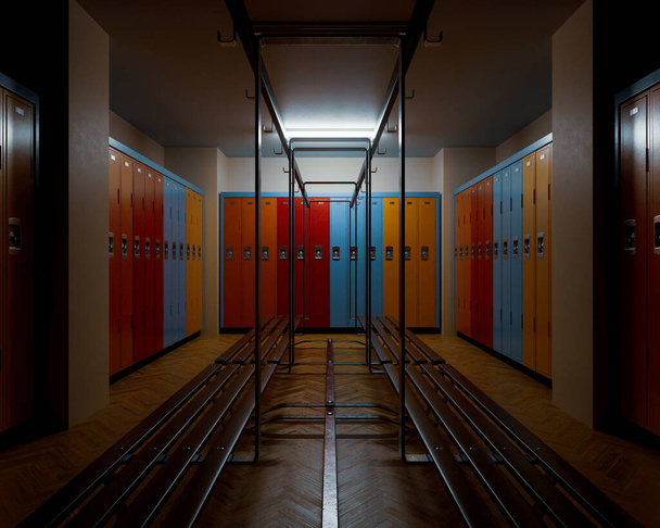Un cambiador de gimnasio débilmente iluminado con suelos de madera y bancos de coloridos armarios contra las paredes que rodean un banco de madera con perchas - 3D render - Foto, Imagen