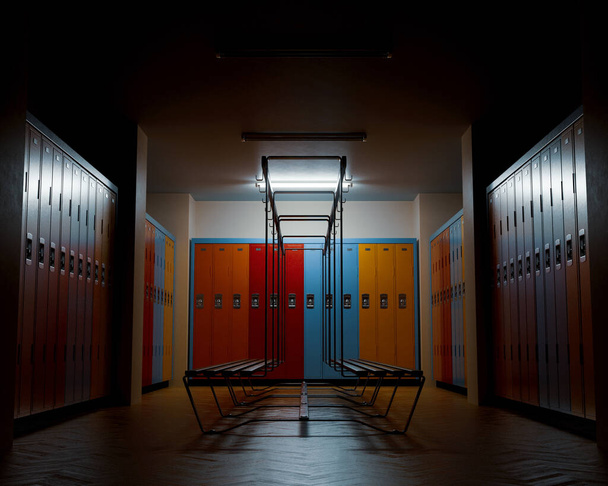 A dimly lit gym changeroom with wooden floors and banks of colorful lockers against the walls surrounding a wooden bench with hangers - 3D render - Photo, Image