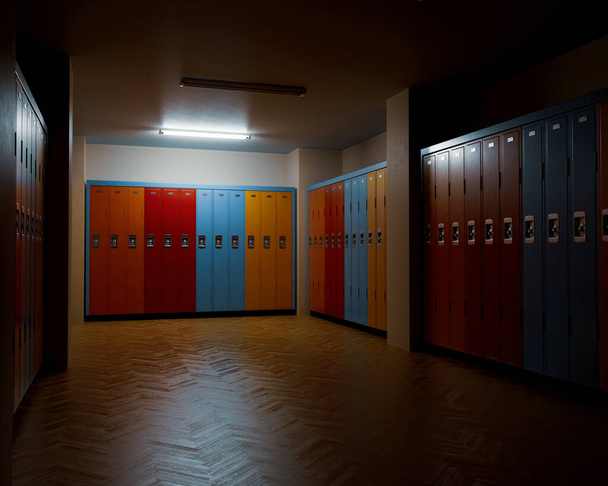Тьмяно освітлена роздягальня з дерев'яними підлогами та банками барвистих шафок на стінах - 3D рендеринг
 - Фото, зображення