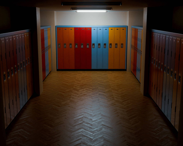 Een slecht verlichte kleedkamer met houten vloeren en banken van kleurrijke kluisjes tegen de muren - 3D render - Foto, afbeelding