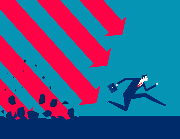 Fleeing a falling arrows destroying the ground. Business accident and disasters concept - Vector, Image