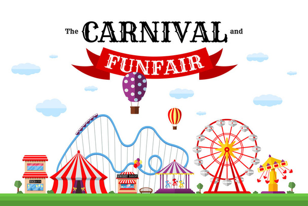 Carnival funfair banner. Amusement park with circus, carousels, roller coaster, attractions on white background. Festive theme design template. Fun fair festival poster. Vector eps illustration - ベクター画像