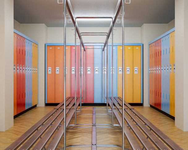 Dobrze oświetlona sala gimnastyczna z drewnianymi podłogami i brzegami kolorowych szafek na ścianach otaczających drewnianą ławkę z wieszakami - renderowanie 3D - Zdjęcie, obraz