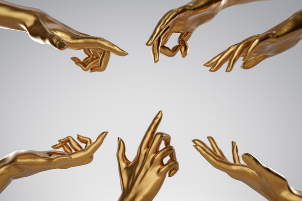 Много золотых человеческих рук с разными жестами, указывающими на белый фон. Золотая рука человека в золотой кольцевой рамке. Предпосылки для косметики, моды, шоу продукции. 3D рендеринг - Фото, изображение