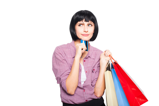 young beautiful woman with credit card and shopping bags - Photo, Image