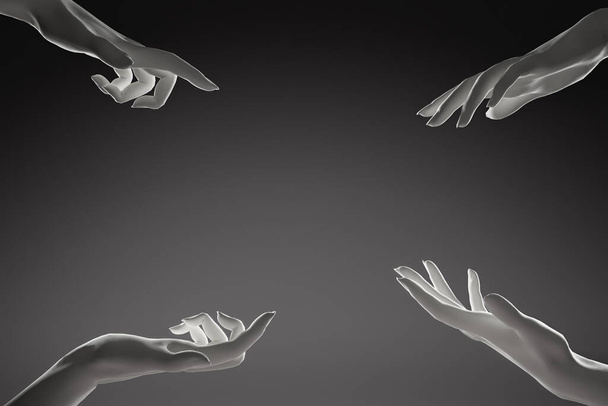 Fehér márvány kezek, különböző mozdulatokkal, fekete háttér felé mutatva. Tökéletes háttér a kozmetikumok, divat termék vagy ékszerek. 3D renderelés. - Fotó, kép
