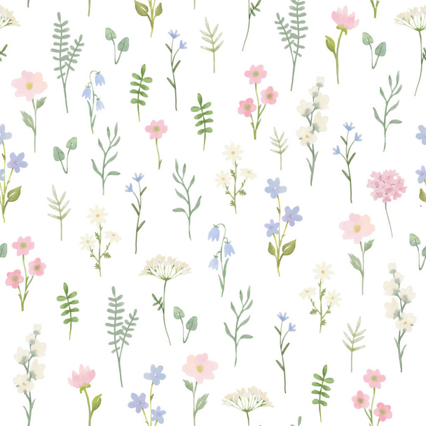 Beautiful seamless floral pattern with hand drawn watercolor gentle spring flowers. Stock illustration. - Фото, изображение