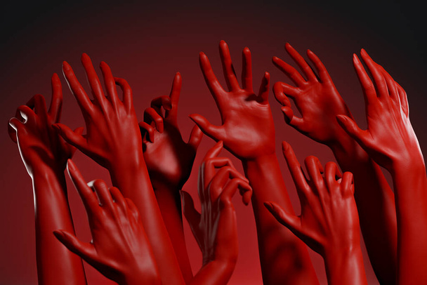 Skupina lidských rukou namalovaných červeně nebo potřísněných krví. Pojem válečné oběti, smrt, boj za svobodu a protest. 3D vykreslování - Fotografie, Obrázek