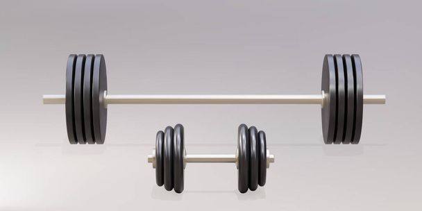 3d realistic barbell and dumbbell on gray background. - Wektor, obraz
