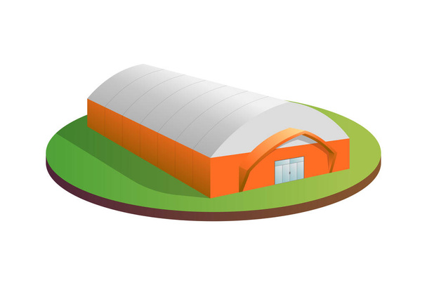 Temporary industrial tent 3d building. Awning tarpaulin warehouse hangar. Commercial exhibition tunnel hall barn construction. Factory production distribution goods or storage concept. Vector eps - ベクター画像