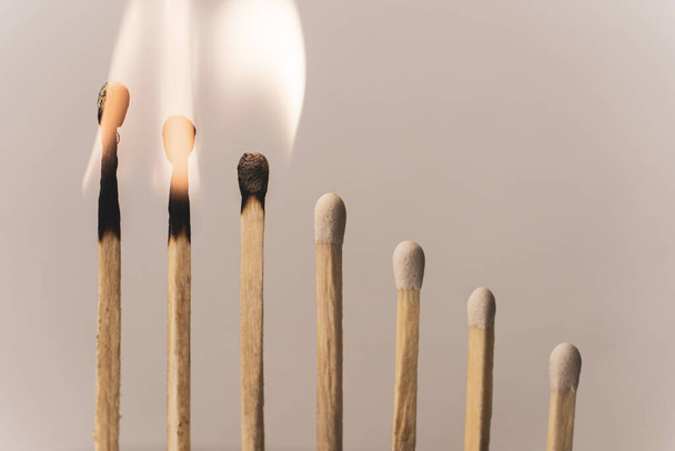 Matchsticks burning in sequence. - 写真・画像