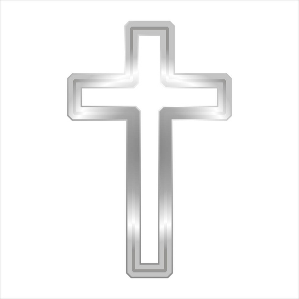 Zilveren Christelijk kruis. Religieus ontwerp sjabloon, een symbool van geloof. Realistische vector illustratie geïsoleerd op witte achtergrond - Vector, afbeelding