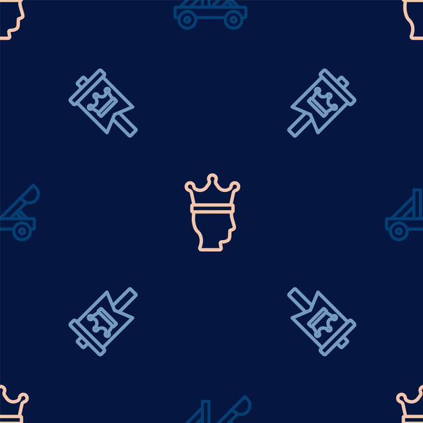 Ustaw linię Średniowieczna katapulta, flaga i korona króla na płynny wzór. Wektor - Wektor, obraz