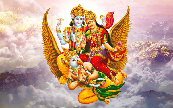 Lord Vishnu Ji ve Lakshmi Ji Hindu Tanrısı ve bulut kağıdı. - Fotoğraf, Görsel