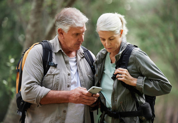 A mature couple using a cellphone while out on a hike together. Senior caucasian husband and wife using a wireless device in a forest. - Foto, imagen