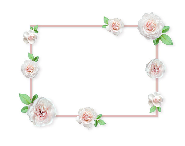 White Roses Arrangement. Flower roses frame on pastel background. Mothers day, Valentines Day, Birthday Greeting cards. - Fotografie, Obrázek