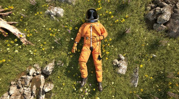 An astronaut laying down in the middle of field on green grass, 3d rendering  - Фото, изображение