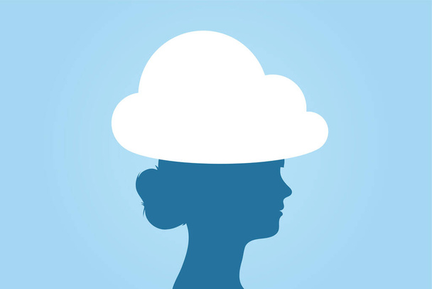 Woman head in the clouds silhouette against blue sky - daydreaming idiom - vector illustration - Vector, Imagen