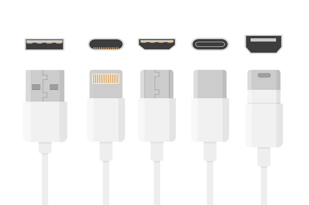 Creative vector illustration of cellphone usb charging plugs cable isolated on transparent background. Art design smart phone universal recharger accessories. Type-c interfaces, connect ports element ESP 10 - ベクター画像