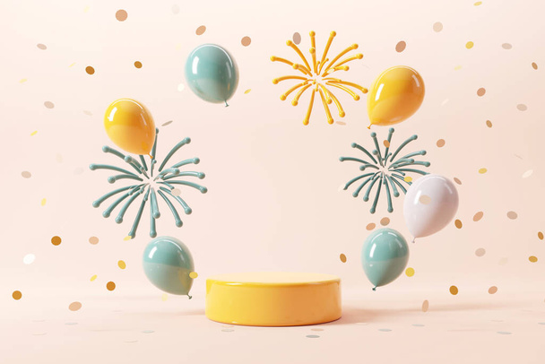 Podium with fireworks and falling shiny confetti and balloon on white background, Copy space, Celebration and party concept, 3d render. - Photo, image