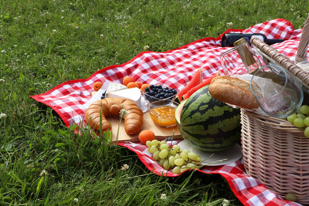 Picnic blanket with delicious food and wine outdoors on summer day - Valokuva, kuva