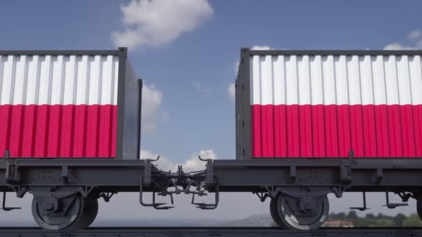 Polonya bayrağı taşıyan tren ve konteynırlar. Demiryolu taşımacılığı. Kusursuz döngü 4K. - Video, Çekim