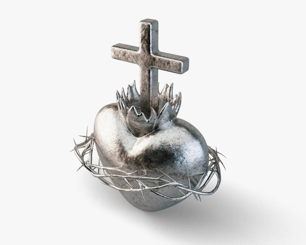 Stříbrný odlitek posvátného srdce Ježíše na pozadí světlého ateliéru - 3D vykreslení - Fotografie, Obrázek