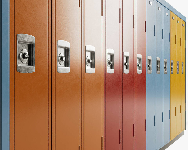 An standalone bank of colorful school lockers on an isolated white studio background - 3D render - Photo, Image