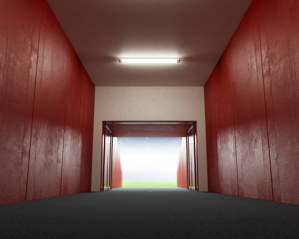 Um olhar para baixo um corredor esportivo de estádio predominantemente vermelho através de portas de vidro abertas para uma arena iluminada à distância renderizar 3D - Foto, Imagem