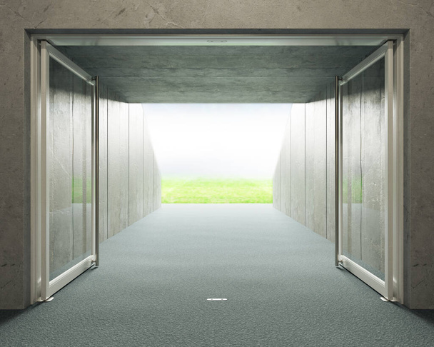 Spojrzenie w dół korytarza sportowego stadionu przez otwarte szklane drzwi do oświetlonej areny w oddali - renderowanie 3D - Zdjęcie, obraz