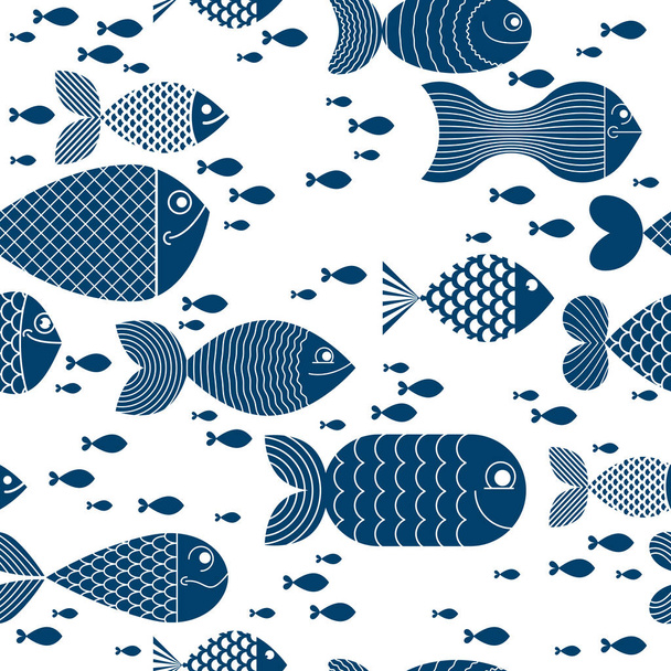 Funny cartoon fishes vector seamless background, cute childish pattern for children textile or wrapping paper or packaging for seafood products. - Vector, afbeelding