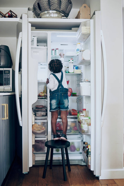 Shot of a toddler taking food from the fridge at home. - 写真・画像