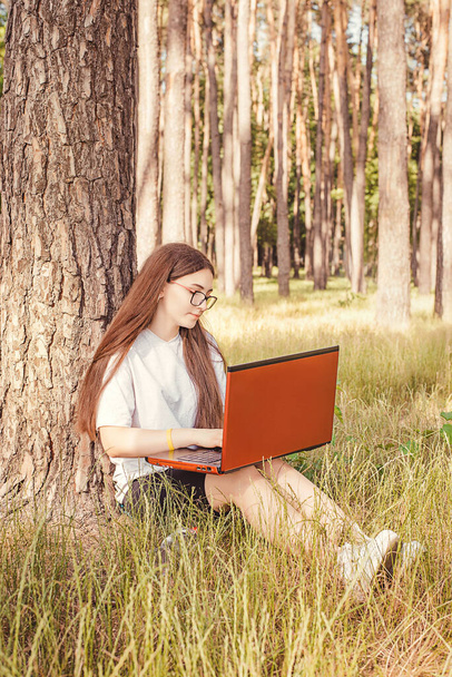 This photo depicts image of a young girl in glasses sitting on the grass, leaning on a tree and working on laptop, remote location in nature. Remote work in nature. - Фото, изображение