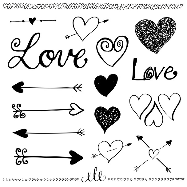 Ink hand-drawn doodle love set. Heart and arrow. - Vector, Image