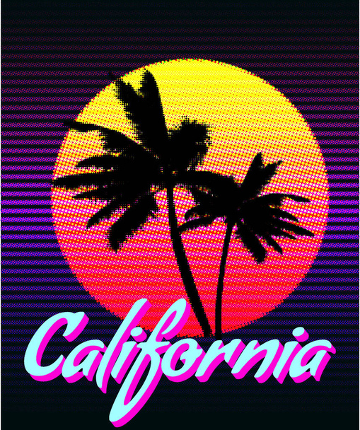 Camiseta de California tipografía sunset print design. Cartel retro siluetas de palmera, gradiente, typorgaphy. Ilustración vectorial - Vector, Imagen