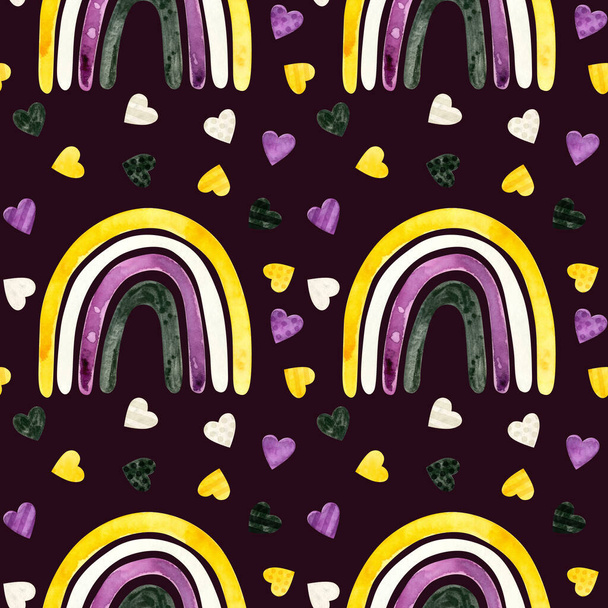 Niet binaire trots naadloos patroon. LGBT trots maand wallpaper, Niet-binaire regenboog en harten aquarel clipart - Foto, afbeelding