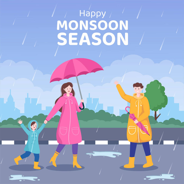 Monsoon Season Social Media Template Flat Cartoon Background Vector Illustration - Vecteur, image