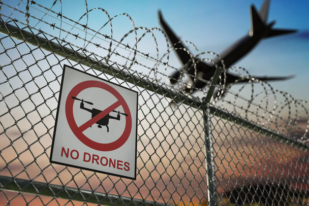 No drone zone sign warning about restricted no fly area near airport. 3D rendered illustration. - 写真・画像