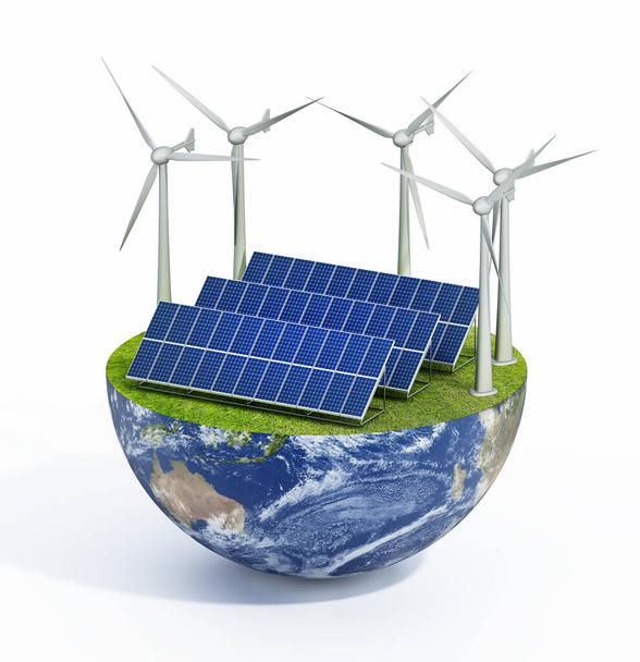 Solar panels, and wind turbines on green grass. 3D illustration. - Foto, Imagem